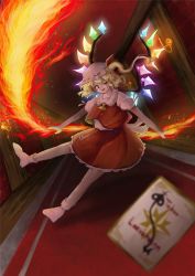 Rule 34 | 1girl, ascot, blonde hair, blurry, blurry foreground, candlelight, crystal, depth of field, flandre scarlet, fleuriste, frilled shirt collar, frilled skirt, frills, full body, glowing, glowing wings, hat, highres, indoors, laevatein (touhou), looking at viewer, medium hair, mob cap, multicolored wings, no shoes, open mouth, pointy ears, puffy short sleeves, puffy sleeves, red carpet, red eyes, red ribbon, red skirt, red vest, ribbon, ribbon-trimmed headwear, ribbon trim, shirt, short sleeves, skirt, skirt set, socks, solo, spell card, touhou, vest, white hat, white shirt, white socks, wings, yellow ascot