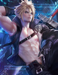 Rule 34 | 00s, 1990s (style), 1boy, abs, arm behind head, armor, armpits, asymmetrical clothes, belt, black gloves, black pants, blonde hair, blue eyes, buster sword, cloud strife, cowboy shot, earrings, final fantasy, final fantasy vii, final fantasy vii advent children, gloves, hair between eyes, jewelry, male focus, navel, nipples, open clothes, open fly, open pants, open shirt, over shoulder, pants, parted lips, pauldrons, pectorals, pointing, pointing at self, retro artstyle, sakimichan, shiny clothes, shirt, short hair, shoulder armor, single pauldron, sitting, solo, spiked hair, spread legs, sword, sword over shoulder, toned, unzipped, watermark, weapon, weapon over shoulder, web address, zipper