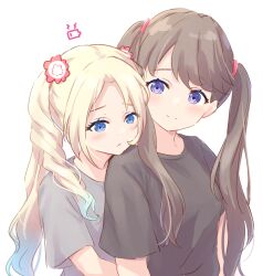 Rule 34 | 2girls, :&lt;, absurdres, battery indicator, black shirt, blonde hair, blue eyes, blue hair, blush, brown hair, flower, fujishima megumi, gradient hair, grey shirt, hair flower, hair ornament, head on another&#039;s shoulder, highres, light blue hair, link! like! love live!, long hair, looking at another, love live!, mira-cra park!, multicolored hair, multiple girls, osawa rurino, parted bangs, purple eyes, shirt, sidelocks, simple background, smile, split mouth, t-shirt, twintails, two side up, virtual youtuber, white background, white flower, yutuki ame