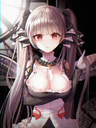 Rule 34 | 1girl, ahoge, azur lane, bad id, bad pixiv id, black dress, bow, breast hold, breasts, cleavage, collarbone, detached collar, dress, earrings, eumi 114, flight deck, formidable (azur lane), frilled dress, frills, grey hair, hair bow, highres, jewelry, large breasts, long hair, long sleeves, looking at viewer, red eyes, sidelocks, smile, solo, twintails, upper body, very long hair