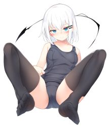 Rule 34 | 1girl, bare arms, bare shoulders, black panties, black shirt, black thighhighs, blue eyes, blush, breasts, cameltoe, collarbone, commentary request, frown, hair between eyes, hair ornament, hairclip, highres, looking at viewer, medium breasts, no shoes, original, otokuyou, panties, ringo-chan (otokuyou), shirt, short hair, simple background, solo, thighhighs, underwear, white background, white hair