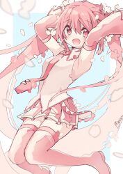 Rule 34 | 1girl, absurdly long hair, arms behind head, arms up, blue background, blurry, blurry foreground, border, cherry blossoms, commentary, detached sleeves, falling petals, flower, hamudetsu, hatsune miku, headset, highres, legs up, light blush, long hair, looking at viewer, midair, miniskirt, necktie, open mouth, petals, pink eyes, pink flower, pink hair, pink necktie, pink skirt, pink sleeves, pink thighhighs, pleated skirt, sakura miku, shirt, signature, skirt, sleeveless, sleeveless shirt, smile, solo, symbol-only commentary, thighhighs, tie clip, twintails, very long hair, vocaloid, white border, white shirt, zettai ryouiki