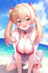 Rule 34 | 1girl, :d, alternate costume, arm support, artist name, beach, bikini, bikini skirt, blonde hair, blue sky, blush, breasts, cleavage, cloud, collarbone, commentary request, day, double bun, fang, flower, foreshortening, green eyes, hair bun, hair flower, hair ornament, hair ribbon, highres, hololive, horizon, kneeling, large breasts, lens flare, long hair, looking at viewer, momosuzu nene, on ground, open mouth, outdoors, red bikini, red ribbon, ribbon, sand, shadow, skin fang, sky, smile, solo, suicabar72, sunlight, sweat, swimsuit, virtual youtuber, water, watermark