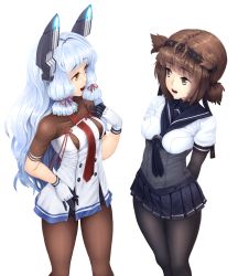 Rule 34 | 10s, 2girls, :d, arms behind back, barbariank, black legwear, blunt bangs, bodystocking, breasts, brown eyes, brown hair, brown legwear, cowboy shot, gloves, hair ribbon, hairband, hand on own chest, hatsuzuki (kancolle), headgear, highres, kantai collection, long hair, looking at another, medium breasts, multiple girls, murakumo (kancolle), necktie, open mouth, pantyhose, pleated skirt, remodel (kantai collection), ribbon, sailor collar, short hair, silver hair, skirt, smile, talking, trait connection, transparent background, tress ribbon, yellow eyes