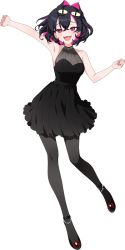 Rule 34 | 1girl, black dress, black hair, black pantyhose, bow, clenched hands, collarbone, colored inner hair, dress, halter dress, halterneck, head tilt, highres, ko yami, korean commentary, looking at viewer, multicolored hair, naru ( nanyao3o), nijisanji, nijisanji kr, pantyhose, red bow, red eyes, red footwear, second-party source, short hair, smile, solo, virtual youtuber, white background