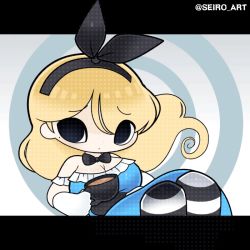 Rule 34 | 1girl, alice in wonderland, animated, animated gif, breasts, dot nose, eyes visible through hair, large breasts, leaning forward, looking at viewer, seiro, shiny clothes, shiny skin, sidelocks, skindentation, solo, standing