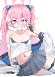 Rule 34 | 1girl, absurdres, black gloves, black skirt, blue archive, breasts, chee ke, closed mouth, collarbone, fingerless gloves, glasses, gloves, hair between eyes, halo, highres, koyuki (blue archive), long hair, looking at viewer, navel, pink eyes, pink hair, pink halo, pleated skirt, simple background, skirt, small breasts, smile, solo, thighhighs, twintails, twitter username, white background, white thighhighs