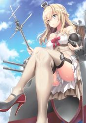 Rule 34 | 1girl, absurdres, blonde hair, blue eyes, braid, breasts, clothes between thighs, cloud, cloudy sky, crossed legs, crown, day, dress, french braid, from below, garter straps, hairband, half updo, high heels, highres, holding, jewelry, kantai collection, kase daiki, long hair, machinery, medium breasts, mini crown, necklace, outdoors, scan, sitting, sky, solo, thighhighs, warspite (kancolle)