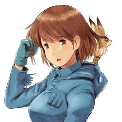 Rule 34 | 1girl, :d, blue gloves, blue hoodie, breasts, brown eyes, brown hair, commentary request, creature, gloves, hand up, hood, hoodie, kaze no tani no nausicaa, long hair, looking at viewer, medium breasts, nausicaa, on shoulder, open mouth, short hair, simple background, smile, solo, teto (nausicaa), upper body, wa (genryusui), white background