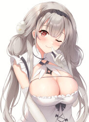 Rule 34 | + +, 1girl, azur lane, blunt bangs, blush, breasts, cleavage cutout, closed mouth, clothing cutout, cross-shaped pupils, dress, elbow gloves, flower, frills, gloves, grey hair, hair between eyes, hair flower, hair ornament, hand up, highres, itaba atsushi, large breasts, long hair, looking at viewer, low twintails, maid, maid headdress, one eye closed, red eyes, scylla (azur lane), simple background, smile, solo, symbol-shaped pupils, twintails, white background, white gloves