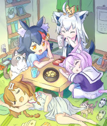 Rule 34 | 4girls, animal, animal ear fluff, animal ears, animal on head, black hair, blue shirt, bone hair ornament, braid, brown hair, card, cat, cat ears, cat girl, cat on head, cat tail, chibi, closed eyes, clothes pull, commentary request, dog ears, dog girl, dog tail, dress, dress pull, earrings, fox ears, fox girl, fox tail, glass, hair between eyes, hair ornament, hairclip, halterneck, highres, holding, holding phone, hololive, hololive gamers, indoors, inugami korone, inugami korone (1st costume), jewelry, multicolored hair, multiple girls, nekomata okayu, nekomata okayu (casual), nintendo switch, on head, ookami mio, open mouth, orange eyes, phone, pillow, playing card, purple hair, purple shirt, red hair, shirakami fubuki, shirt, short sleeves, sidelocks, single braid, sleeping, table, tail, twin braids, two-tone hair, virtual youtuber, white dress, white hair, white shirt, wolf ears, wolf girl, wolf tail, yunra665