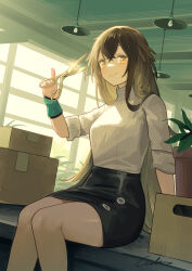 Rule 34 | 1girl, absurdres, arknights, black skirt, brown eyes, brown hair, commentary request, dutch angle, highres, holding, holding scissors, indoors, kafka (arknights), long hair, looking at viewer, scissors, signature, sitting, skirt, smile, solo, sweater, turtleneck, turtleneck sweater, welt (kinsei koutenkyoku), white sweater