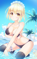Rule 34 | 1girl, alternate breast size, artoria pendragon (all), artoria pendragon (alter swimsuit rider) (second ascension) (fate), artoria pendragon (fate), bare shoulders, beach, bikini, black thighhighs, blonde hair, blush, breasts, brown eyes, cleavage, collarbone, day, fate/grand order, fate (series), highres, large breasts, maid, maid bikini, maid headdress, palm tree, parted lips, saber alter, short hair, solo, swimsuit, thighhighs, tree, umitonakai, unconventional maid, water drop