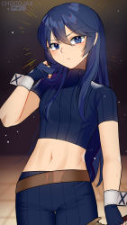 Rule 34 | 1girl, artist name, belt, black background, blouse, blue eyes, blue gloves, blue hair, blue pants, blue shirt, blush, breasts, chocojax, closed mouth, cowboy shot, crop top, fingerless gloves, fire emblem, fire emblem awakening, flat chest, gloves, highres, holding, holding sword, holding weapon, light particles, long hair, looking at viewer, lucina (fire emblem), midriff, navel, nintendo, pants, serious, shirt, short sleeves, simple background, small breasts, solo, striped clothes, striped shirt, sword, symbol in eye, thigh gap, toned, v-shaped eyebrows, vertical-striped clothes, vertical-striped shirt, very long hair, weapon