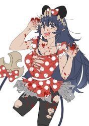 1girl black_hair black_pantyhose blood blood_on_face blood_on_hands blush braid breasts brown_horns cosplay cowboy_shot cropped_legs demon_girl demon_tail disney dress halloween_costume horns large_breasts long_hair looking_at_viewer minnie_mouse minnie_mouse_(cosplay) minnie_mouse_ears n1jichich1 nanashi_inc. open_mouth pantyhose pointy_ears polka_dot polka_dot_dress red_dress shimamura_charlotte side_braid simple_background single_braid smile solo tail tan teeth tongue tongue_out torn_clothes torn_dress torn_pantyhose upper_teeth_only very_long_hair virtual_youtuber white_background yellow_eyes