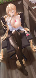 Rule 34 | 1girl, absurdly long hair, absurdres, azur lane, bare shoulders, black choker, black skirt, blonde hair, breasts, brown pantyhose, chair, choker, cleavage, collarbone, condom, condom between breast, condom wrapper, desk, feet, fingers to mouth, from above, full body, hair between eyes, hair flowing over, hair spread out, highres, holding, holding condom, huge breasts, implacable (azur lane), implacable (shepherd of the &quot;lost&quot;) (azur lane), indoors, jfzm001, legs, licking, licking finger, long hair, long sleeves, manjuu (azur lane), miniskirt, no bra, no shoes, office, office chair, office lady, official alternate costume, open clothes, orange eyes, pantyhose, paper stack, partially unbuttoned, pen, pencil skirt, plant, red eyes, shirt, shirt tucked in, sitting, skirt, solo, swivel chair, toes, tongue, tongue out, torn clothes, torn pantyhose, very long hair, white shirt, wooden floor
