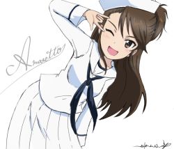Rule 34 | 10s, 1girl, ;d, \n/, alternate costume, amaretto (girls und panzer), artist name, asymmetrical bangs, blouse, blue neckerchief, brown eyes, brown hair, bukkuri, character name, cosplay, cowboy shot, cursive, dated, dixie cup hat, flint (girls und panzer), flint (girls und panzer) (cosplay), girls und panzer, hat, leaning forward, leaning to the side, long hair, long skirt, long sleeves, looking at viewer, m/, mikuru beam, military hat, neckerchief, one eye closed, one side up, ooarai naval school uniform, open mouth, pleated skirt, sailor, sailor collar, school uniform, shirt, signature, simple background, skirt, smile, solo, standing, white background, white hat, white shirt, white skirt