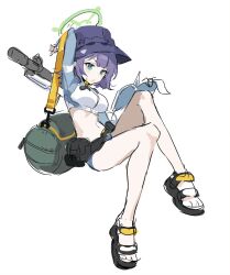 Rule 34 | 1girl, arm up, belt, bikini, black bag, black belt, black footwear, black hat, blue archive, blue bikini, blue eyes, blue hair, blue jacket, book, breasts, bucket hat, closed mouth, cropped jacket, green halo, halo, hat, holding, holding book, invisible chair, jacket, lan yansuanyan, large breasts, long sleeves, looking at viewer, navel, official alternate costume, pouch, saki (blue archive), saki (swimsuit) (blue archive), sandals, short hair, simple background, sitting, solo, stomach, sweat, swimsuit, white background