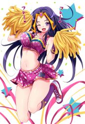 Rule 34 | 1girl, bad id, bad pixiv id, blush, breasts, cheerleader, crop top, endou masatoshi, female focus, jumping, kneehighs, large breasts, liliana vess, long hair, magic: the gathering, midriff, navel, one eye closed, open mouth, pom pom (cheerleading), purple eyes, purple hair, shiny skin, shoes, skirt, smile, sneakers, socks, solo