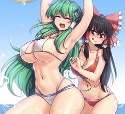 Rule 34 | 2girls, armpits, arms up, assisted exposure, bare arms, bikini, black eyes, black hair, blue sky, blush, bow, breasts, cleavage, closed eyes, commentary, day, frog hair ornament, green hair, hair bow, hair ornament, hakurei reimu, halterneck, hater (hatater), highres, kochiya sanae, large breasts, licking lips, long hair, medium breasts, multiple girls, navel, open mouth, outdoors, red bikini, red bow, sky, smile, stomach, string bikini, summer, swimsuit, tongue, tongue out, touhou, underboob, untied bikini, untying, wet, white bikini