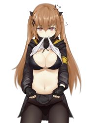 Rule 34 | 1girl, 3:, anger vein, bikini, black bikini, black gloves, black pantyhose, black skirt, breasts, cleavage, closed mouth, clothes lift, cowboy shot, fingerless gloves, flying sweatdrops, girls&#039; frontline, gloves, gluteal fold, hair between eyes, hair ornament, hairclip, highres, jacket, large breasts, long hair, looking at viewer, mouth hold, open clothes, open jacket, pantyhose, pleated skirt, purple eyes, sidelocks, simple background, sinensian, skirt, skirt lift, solo, swimsuit, twintails, ump9 (girls&#039; frontline), white background