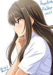 Rule 34 | 1girl, blush, brown hair, character name, dated, diesel-turbo, earrings, expressionless, green eyes, hand on own chin, happy birthday, highres, idolmaster, idolmaster cinderella girls, jewelry, long hair, looking afar, profile, shibuya rin, shirt, simple background, solo, straight hair, stud earrings, upper body, very long hair, white background, white shirt