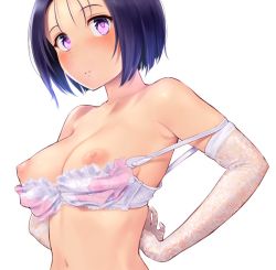 Rule 34 | 1girl, arms behind back, bare shoulders, blush, bra, bra pull, breasts, clothes pull, commission, elbow gloves, gloves, lingerie, looking at viewer, medium breasts, navel, nipples, purple eyes, purple hair, sairenji haruna, short hair, simple background, skeb commission, solo, to love-ru, underwear, underwear only, upper body, wa (genryusui), white background, white bra, white gloves