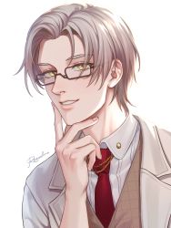 Rule 34 | 1boy, :d, artist name, bang, coat, collared shirt, finger gun, fingernails, glasses, grin, highres, looking at viewer, male focus, mole, mole under eye, necktie, open mouth, red necktie, rezoeline, shirt, short hair, simple background, smile, solo, tears of themis, teeth, vyn richter (tears of themis), white background, white coat, white hair, white shirt, yellow eyes
