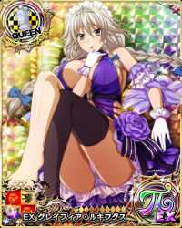 Rule 34 | 1girl, black thighhighs, blue bow, bow, braid, breasts, card (medium), chess piece, cleavage, dress, female focus, gloves, grayfia lucifuge, grey eyes, grey hair, hair bow, high school dxd, large breasts, long hair, maid headdress, matching hair/eyes, mature female, official art, purple dress, queen (chess), single thighhigh, smile, thighhighs, twin braids, white gloves