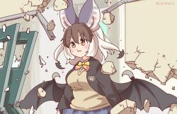 Rule 34 | 1girl, animal ears, bat ears, bat girl, bat wings, bow, bowtie, brown eyes, brown hair, brown long-eared bat (kemono friends), cardigan, coroha, extra ears, grey hair, jacket, japari symbol, kemono friends, kemono friends v project, long hair, parody, school, school uniform, shikanoko nokonoko koshitantan, shirt, skirt, solo, virtual youtuber, wings