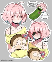 Rule 34 | 1girl, absurdres, ahoge, collar, earrings, eyepatch, fang, grey background, highres, idolmaster, idolmaster cinderella girls, index fingers together, jewelry, looking at viewer, morty smith, multiple views, o3o, off-shoulder shirt, off shoulder, pickle, pickle rick, pink collar, pink eyes, pink hair, rick and morty, shirt, short hair, skin fang, snale, yumemi riamu
