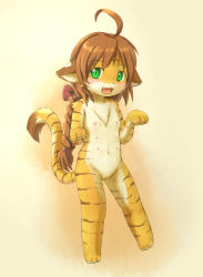 Rule 34 | 1girl, ahoge, animal ears, animal hands, barefoot, brown hair, extra breasts, fang, flat chest, furry, furry female, green eyes, hair ribbon, kagerofu, long hair, looking at viewer, multi nipples, nipples, nude, open mouth, pussy, ribbon, slit pupils, smile, solo, striped, tail, tiger, tiger ears, tiger tail