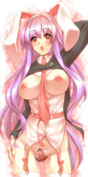 Rule 34 | 1girl, animal ears, arm up, bad id, bad pixiv id, bottomless, breasts, censored, crescent, crescent moon, female focus, garter belt, large breasts, lily black, lily white, long hair, moon, necktie, nipples, no panties, novelty censor, open clothes, open mouth, open shirt, purple hair, rabbit ears, red eyes, reisen udongein inaba, shirt, solo, symbol-shaped pupils, thighhighs, touhou, tro (trombe), very long hair, white thighhighs