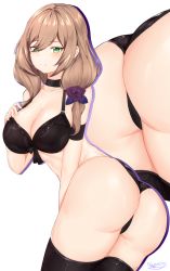 Rule 34 | 1girl, absurdres, ass, bare shoulders, blush, bra, breasts, brown hair, cameltoe, come hither, flower, from behind, genshin impact, green eyes, hair flower, hair ornament, highres, huge ass, large breasts, lisa (genshin impact), long hair, looking at viewer, mapyarong, multiple views, panties, shiny skin, smile, thighhighs, underwear
