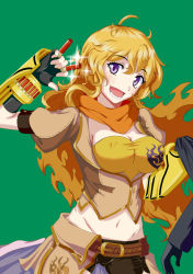 Rule 34 | 1girl, blonde hair, breasts, bullet, cleavage, covered erect nipples, female focus, fingerless gloves, gloves, green background, intes, large breasts, long hair, midriff, navel, open mouth, parody, purple eyes, rwby, scarf, smile, style parody, yang xiao long