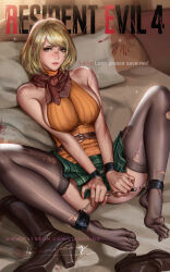 Rule 34 | ashley graham, bare shoulders, blonde hair, boots, breasts, capcom, high heel boots, high heels, highres, large breasts, liang xing, looking at viewer, resident evil, resident evil 4, resident evil 4 (remake), torn clothes, unworn boots
