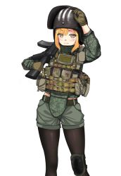 Rule 34 | 1girl, assault rifle, asymmetrical bangs, camouflage, commentary, digital camouflage, english commentary, escape from tarkov, gloves, gun, helmet, highres, jizi, knee pads, load bearing vest, looking at viewer, military, orange eyes, orange hair, original, pantyhose, bulletproof vest, rifle, short shorts, shorts, simple background, single knee pad, solo, striped clothes, striped headwear, vertical-striped clothes, vertical-striped headwear, visor lift, weapon, white background