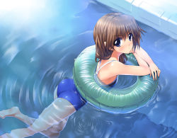 Rule 34 | 00s, 1girl, afloat, ass, barefoot, blue eyes, blue one-piece swimsuit, blush, brown hair, from above, innertube, komaki ikuno, looking up, o3o, one-piece swimsuit, partially submerged, pool, pout, ripples, school swimsuit, solo, suzume inui, swim ring, swimsuit, to heart (series), to heart 2, water