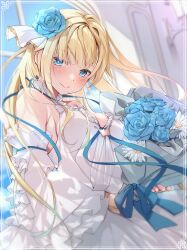 Rule 34 | 1girl, absurdres, aizawa ema, bare shoulders, blonde hair, blue eyes, blush, bouquet, breasts, cleavage, dress, flower, highres, large breasts, long hair, looking at viewer, rose, ruo19, virtual youtuber, vspo!, white dress