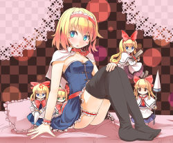 Rule 34 | 1girl, alice margatroid, anger vein, bad feet, bed, black pantyhose, blonde hair, blue eyes, bow, breasts, bridal garter, bustier, cleavage, clothes pull, culter, female focus, hair bow, hairband, hourai doll, lance, long hair, looking at viewer, pantyhose, pantyhose pull, polearm, shanghai doll, short hair, sitting, small breasts, solo, touhou, weapon, wrist cuffs