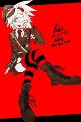 Rule 34 | 1girl, bags under eyes, boots, crossed legs, eyepatch, formal, green eyes, hat, highres, itoshiki eru, looking at viewer, sitting, smile, spiked hair, suit, texture, tongue, tongue out