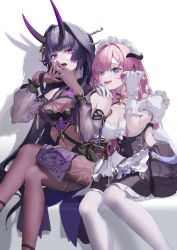 Rule 34 | 2girls, :d, absurdres, apron, blue eyes, breasts, china dress, chinese clothes, cleavage, cleavage cutout, clothing cutout, crossed legs, dress, elbow gloves, elf, elysia (honkai impact), elysia (miss pink elf), elysia (miss pink elf) (honkai impact), frills, gloves, hair ornament, highres, honkai (series), honkai impact 3rd, horns, long hair, looking at viewer, maid, maid apron, maid headdress, multiple girls, open mouth, pink hair, pointy ears, purple dress, purple gloves, raiden mei, raiden mei (herrscher of thunder), roena, see-through, see-through sleeves, shadow, short sleeves, sitting, smile, thighhighs, white gloves, white thighhighs