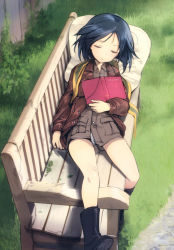 Rule 34 | 1girl, absurdres, ankle boots, bandage on face, bandages, bandaid, bandaid on knee, bandaid on leg, bench, black hair, book, boots, brave witches, brown footwear, brown jacket, brown shirt, character name, collared shirt, cushion, closed eyes, from above, grass, highres, jacket, kanno naoe, long sleeves, lying, non-web source, official art, on back, open book, open clothes, open jacket, panties, parted lips, scan, shimada fumikane, shirt, silhouette, sleeping, solo, underwear, white panties, wing collar, world witches series