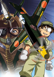 Rule 34 | 2boys, aerial battle, aircraft, airplane, battle, cannon, character request, commentary request, dogfight, fighter plane, glasses, gloves, goggles, gun, hat, helmet, imperial japanese army, japan, japanese flag, machine gun, machinery, matsumoto leiji (style), multiple boys, nal (studio ng), oxygen mask, p-47 thunderbolt, pilot, pilot suit, roundel, the cockpit, united states air force, weapon, world war ii