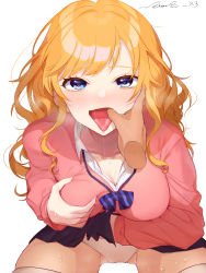 Rule 34 | 1girl, blonde hair, blue eyes, blush, grabbing another&#039;s breast, breasts, cleavage, clothes lift, commentary request, finger in another&#039;s mouth, grabbing, heart, heart-shaped pupils, highres, idolmaster, idolmaster cinderella girls, jewelry, koyo akio, large breasts, long hair, looking at viewer, ohtsuki yui, open mouth, panties, saliva, simple background, skirt, skirt lift, smile, solo focus, sweat, symbol-shaped pupils, tongue, tongue out, underwear, white background, white panties