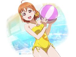Rule 34 | 1girl, ahoge, ball, beachball, braid, cowboy shot, dutch angle, hair ornament, hairclip, looking at viewer, love live!, love live! school idol festival, love live! school idol project, love live! sunshine!!, one-piece swimsuit, open mouth, orange hair, red eyes, side braid, silver meteor, smile, solo, swimsuit, takami chika, twitter username, yellow one-piece swimsuit