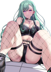 Rule 34 | 1girl, ass, asymmetrical legwear, bare shoulders, bead necklace, beads, black choker, black footwear, black shirt, black shorts, blush, breasts, bustier, cameltoe, choker, commentary request, crop top, ear piercing, earrings, fishnet pantyhose, fishnet thighhighs, fishnets, green hair, hair behind ear, highres, jewelry, lace, lace-trimmed thighhighs, legs, long hair, looking at viewer, m legs, medium breasts, mismatched legwear, mole, mole on breast, navel, necklace, nose blush, o-ring, o-ring choker, on floor, pantyhose, piercing, platform footwear, purple eyes, shirt, shoes, short shorts, shorts, single earring, single leg pantyhose, sitting, smile, solo, spread legs, swept bangs, thigh strap, thighhighs, thighs, tomotomo (awai), very long hair, virtual youtuber, vspo!, white background, yakumo beni, yakumo beni (1st costume), zipper, zipper pull tab