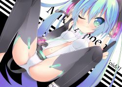 Rule 34 | 1girl, blush, bodysuit, center opening, elbow gloves, gloves, green eyes, green hair, hatsune miku, hatsune miku (append), headphones, leotard, long hair, matching hair/eyes, navel, one eye closed, ribbon, sitting, smile, solo, spread legs, thighhighs, torinannkotsukushi, twintails, v, very long hair, vocaloid, vocaloid append, wink