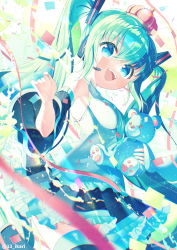 Rule 34 | 1girl, :d, absurdres, black skirt, black sleeves, black thighhighs, blue eyes, blush, breasts, commentary request, confetti, crown, detached sleeves, frilled skirt, frills, green hair, hatsune miku, headphones, headset, highres, holding, holding stuffed toy, ikari (aor3507), long hair, long sleeves, medium breasts, mini crown, open mouth, shirt, skirt, sleeveless, sleeveless shirt, smile, solo, stuffed animal, stuffed toy, teddy bear, teeth, thighhighs, twintails, twitter username, upper teeth only, very long hair, vocaloid, white shirt, wide sleeves