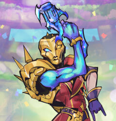 Rule 34 | 1boy, arm up, belt, blue skin, bracelet, coat, colored skin, facing viewer, gloves, glowing, glowing eyes, gun, heterochromia, holding, holding gun, holding weapon, jewelry, jhin, league of legends, male focus, mask, multicolored background, orange eyes, phantom ix row, purple belt, purple eyes, purple gloves, red coat, shoulder plates, single shoulder pad, solo, soul fighter jhin, weapon